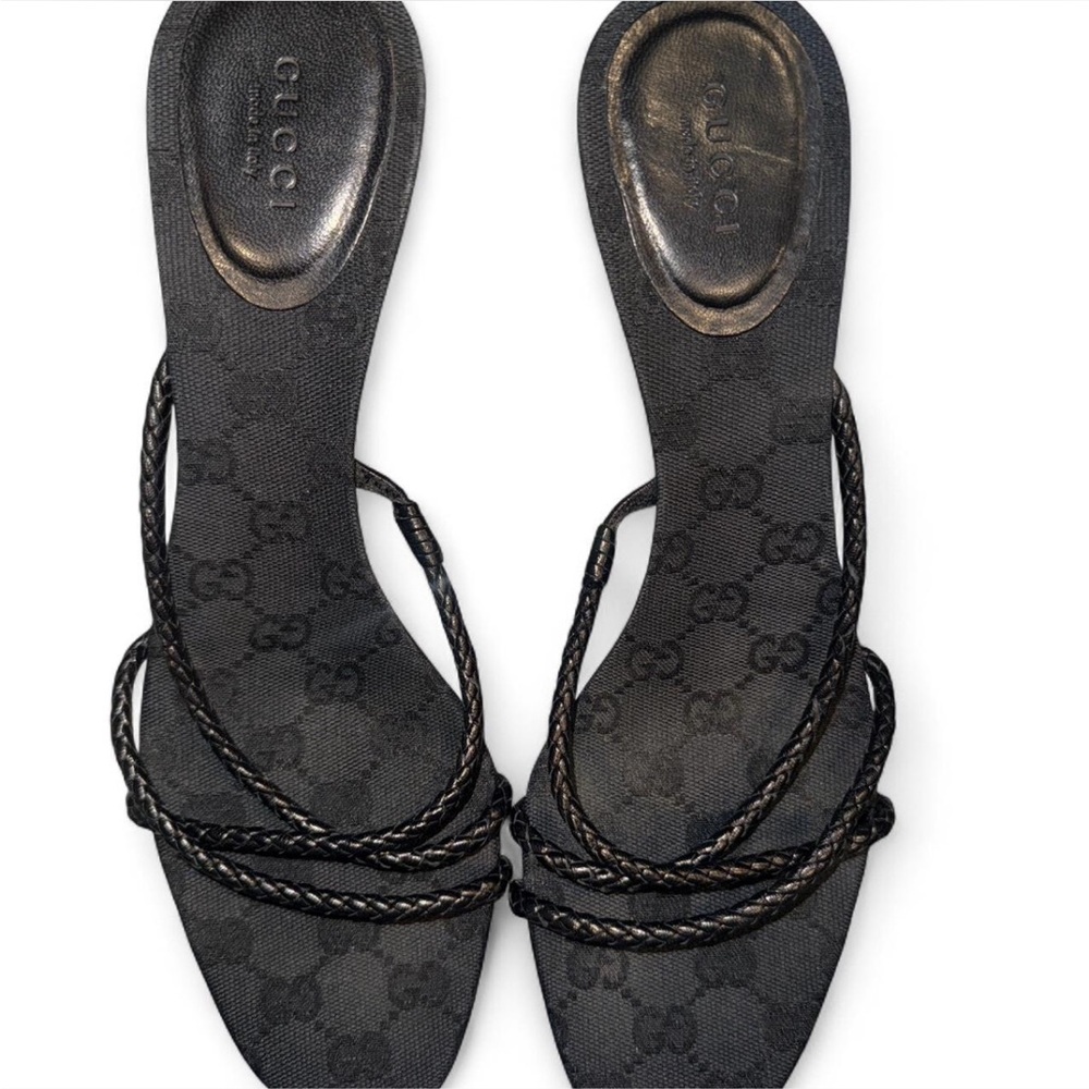 Gucci Women’s Black Braided Strap Sandals with GG Monogram